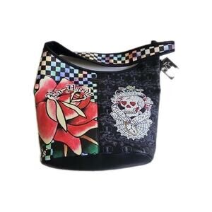 NWT ED HARDY LOVE KILLS SLOWLY ROSE SKULL RHINESTONES SHOULDER BAG Colorful